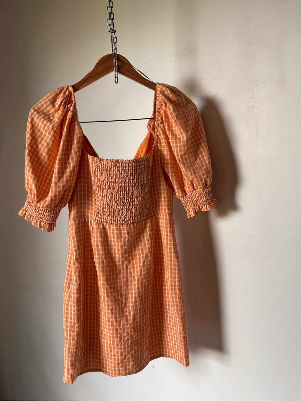 Altar'd State Apricot Gingham Puff-Sleeve Tie-Front Mini Dress Size Small - Picture 6 of 10